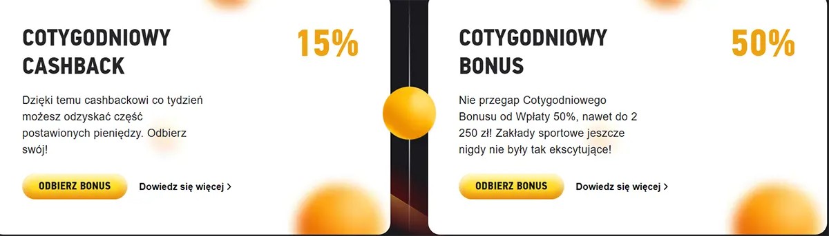 Two promo tiles:  Weekly Cashback – 15% (get part of your losses back each week)  Weekly Bonus – 50% (50% deposit bonus up to 2,250 zł for sports betting)  Both have “Claim bonus” and “Learn more” buttons.