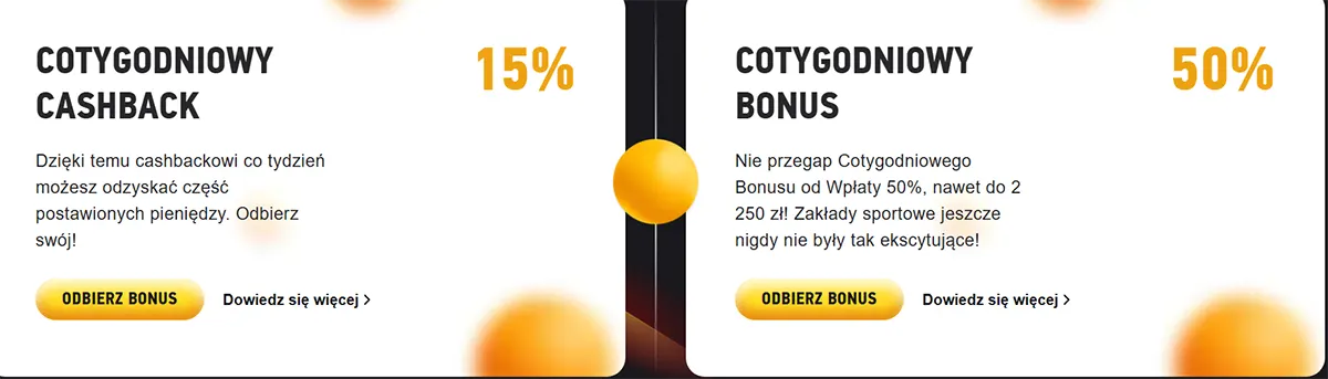 Two promo tiles:  Weekly Cashback – 15% (get part of your losses back each week)  Weekly Bonus – 50% (50% deposit bonus up to 2,250 zł for sports betting)  Both have “Claim bonus” and “Learn more” buttons.